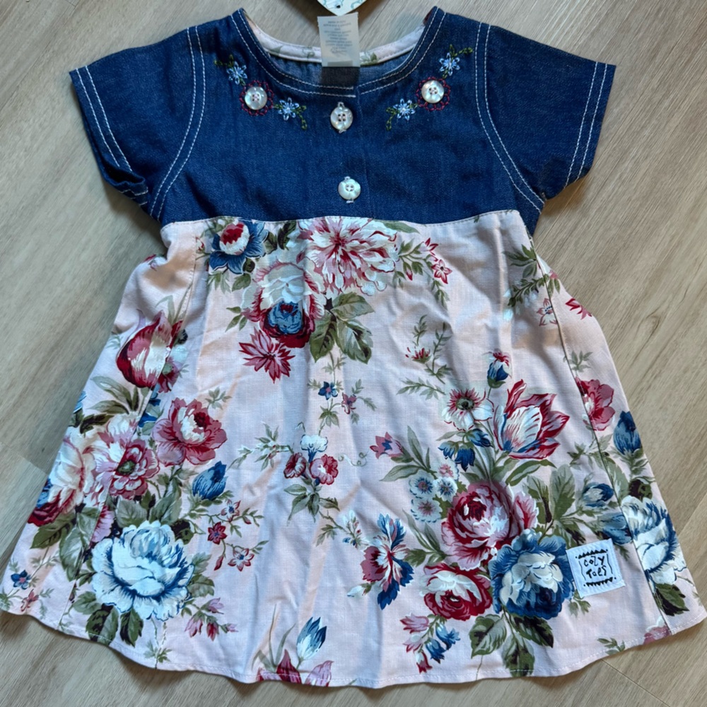Cozy Toes Floral Baby Dress with Denim Style Top